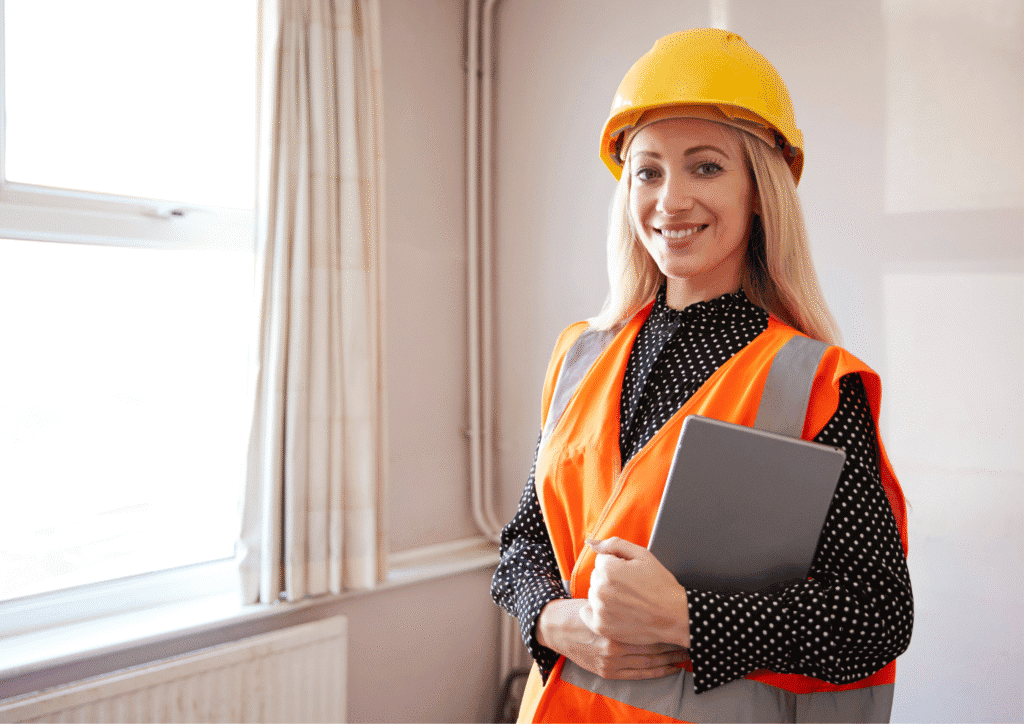 A smiling white woman with blonde hair wearing a yellow hard hat, high-vis orange vest and holding a clipboard. She stands in a neutral room.