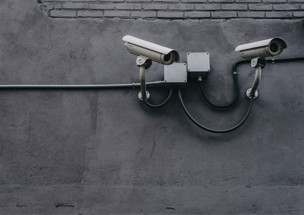 2 security cameras face away from each other on a grey brick wall.